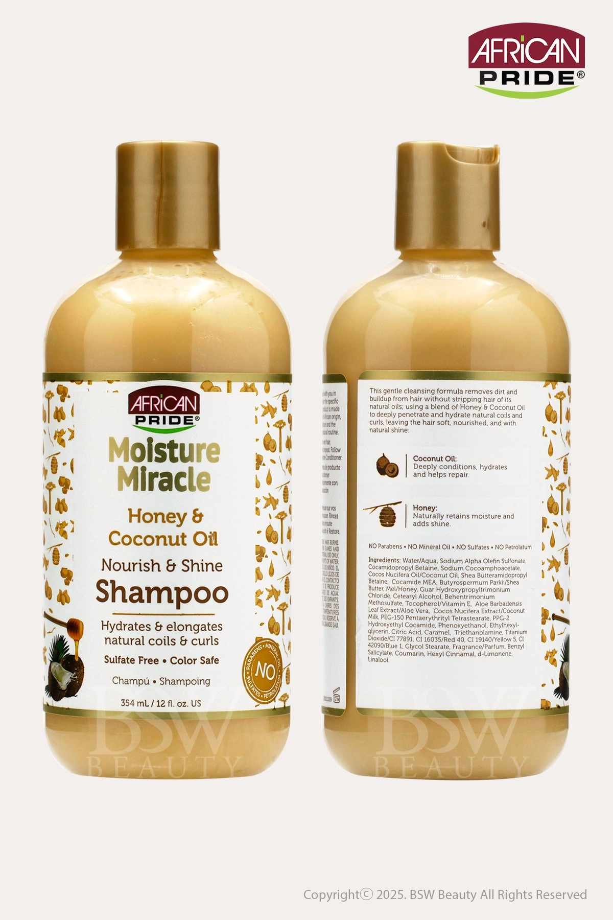 AFRICAN PRIDE MOISTURE MIRACLE HONEY & COCONUT OIL NOURISH & SHINE SHAMPOO 12oz
