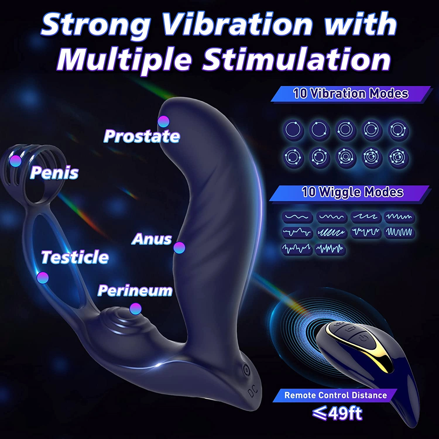 Blue Eagle Dual Penis Ring Prostate Anal Vibrator With 10 Wiggle & Vibration Modes - Laphwing