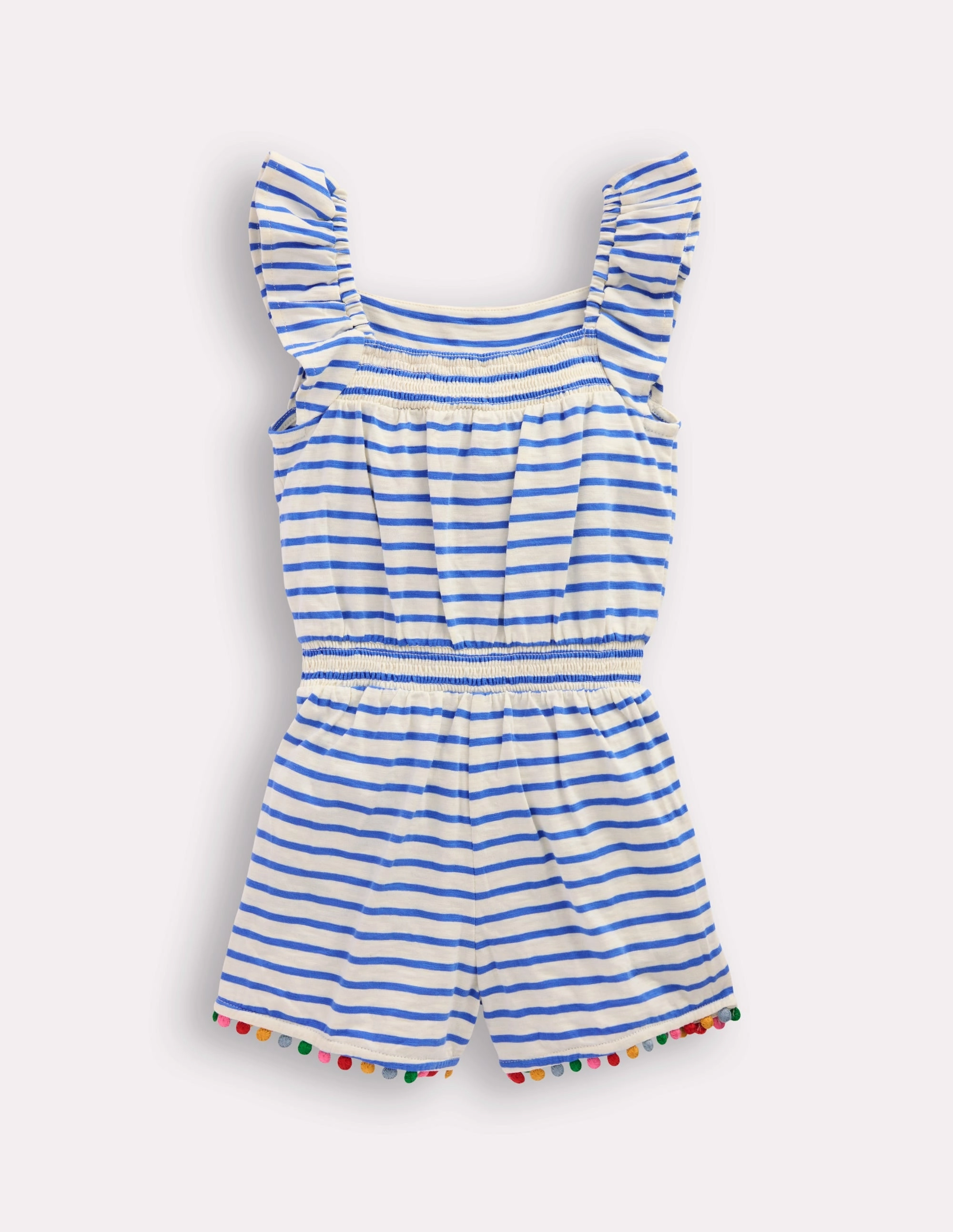Ciara Pom Trim Jersey Playsuit-Ivory/ Azure Blue Stripe
