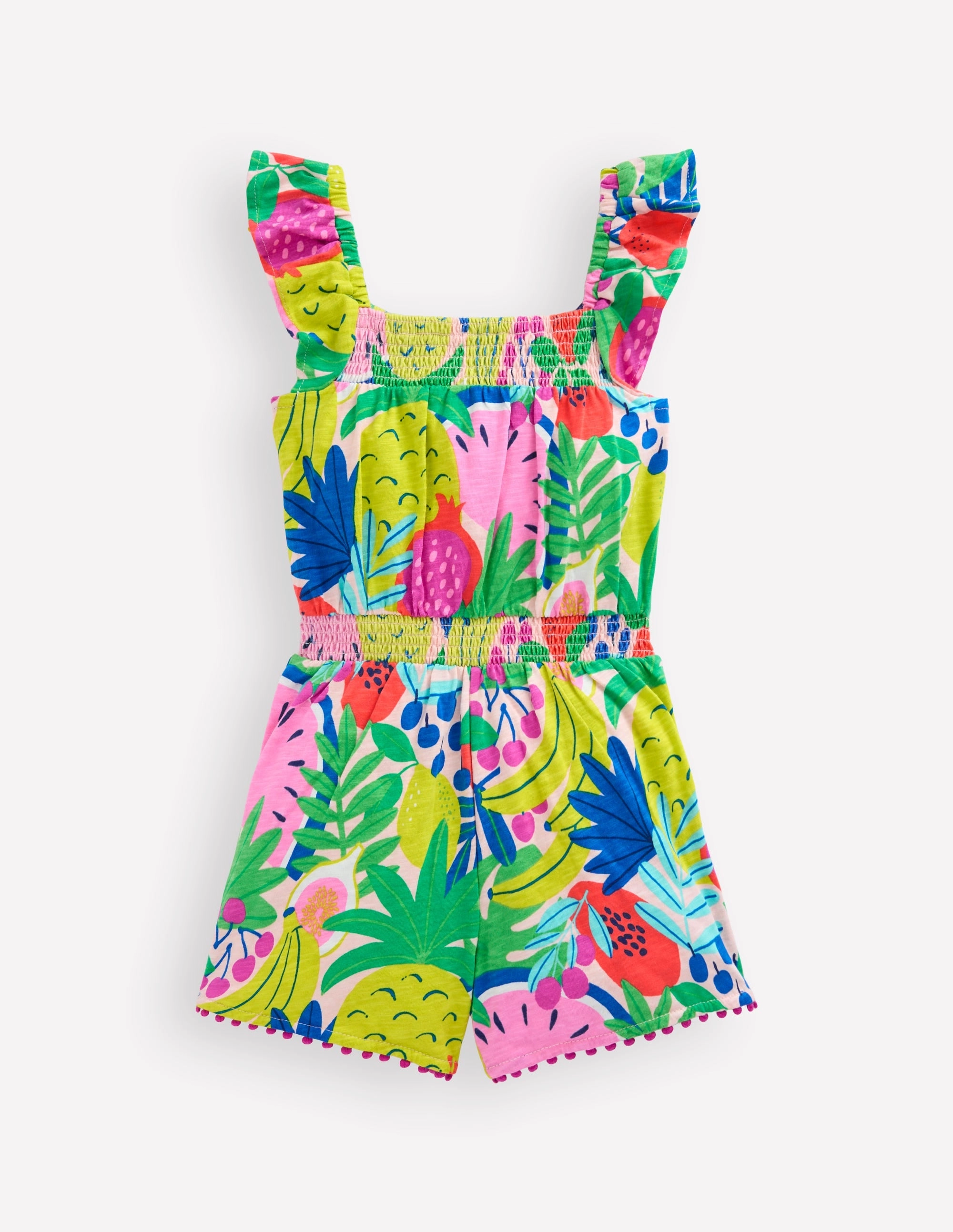 Ciara Pom Trim Jersey Playsuit-Multi Tropical Fruit