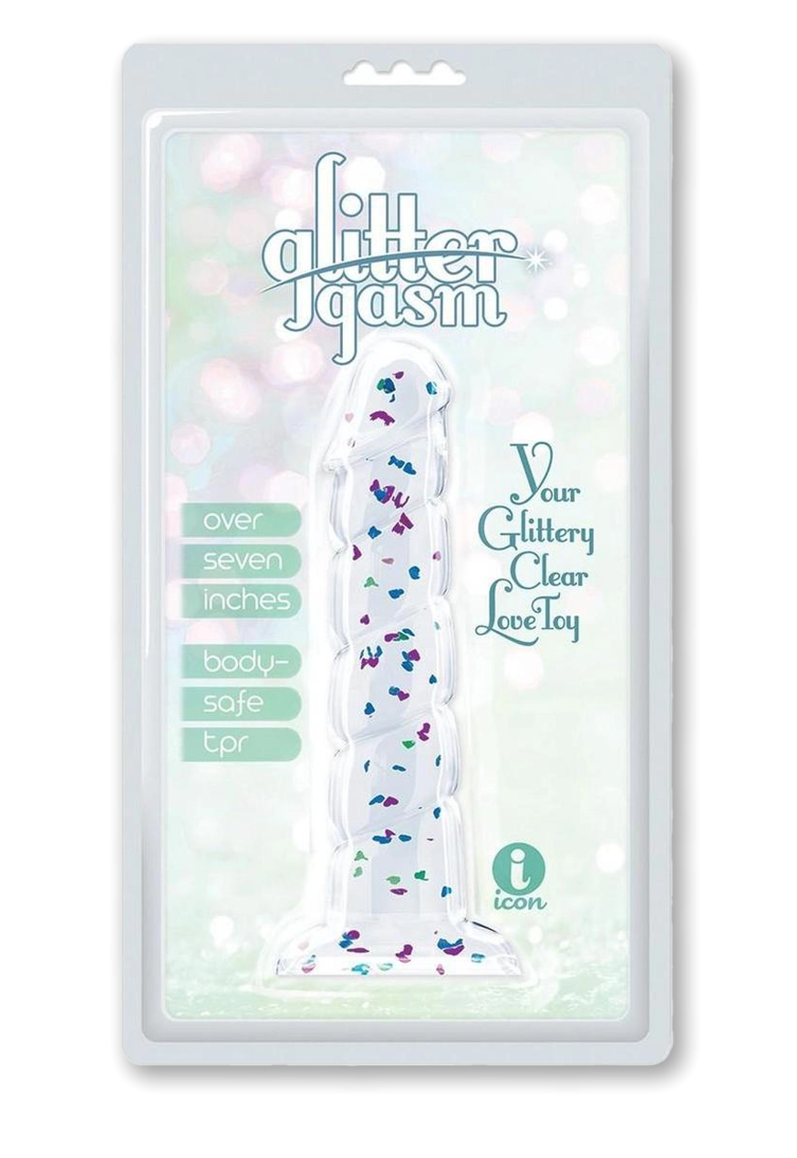Glittergasm Swirl Clear Dildo with Suction Cup - Blue/Purple/Violet Glitter