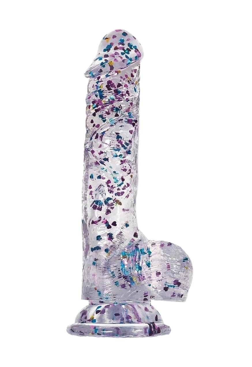 Glittergasm Swirl Clear Dildo with Suction Cup - Blue/Purple/Violet Glitter