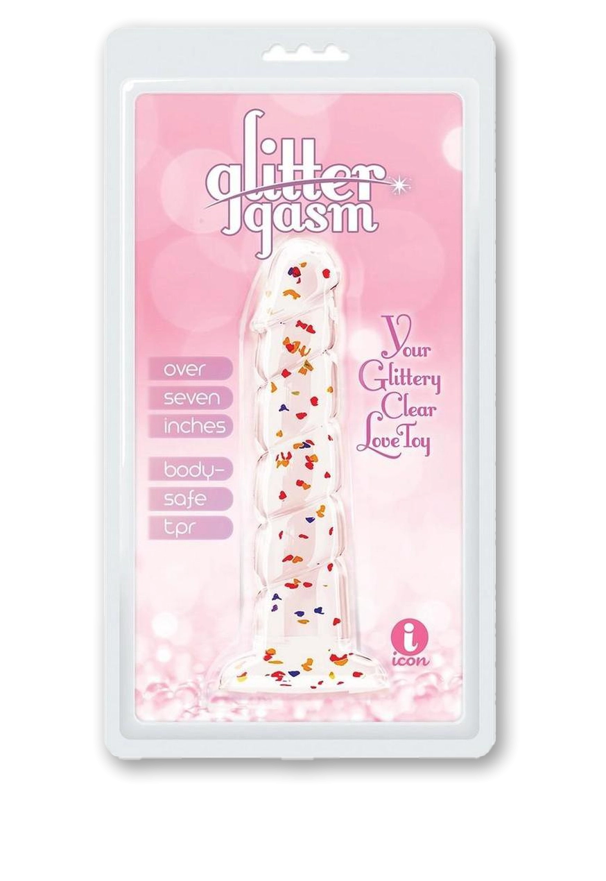 Glittergasm Swirl Clear Dildo with Suction Cup - Orange/Red/Golden Glitter