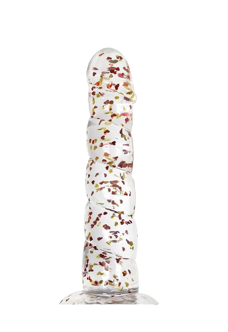 Glittergasm Swirl Clear Dildo with Suction Cup - Orange/Red/Golden Glitter