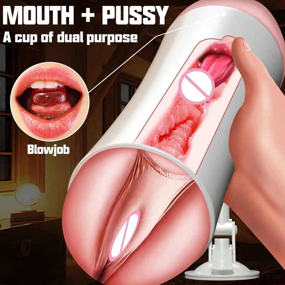Hands Free Masturbation Dual Channel Oral Vagina Masturbator Silicone Pocket Pussy Blowjob