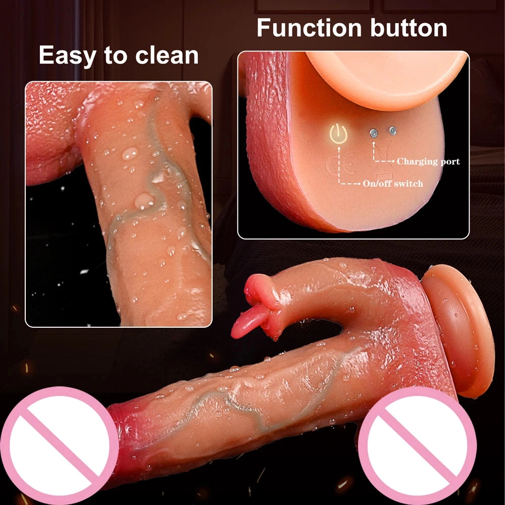 Realistic Penis Dildo Heated Telescoping Swinging 3 in 1